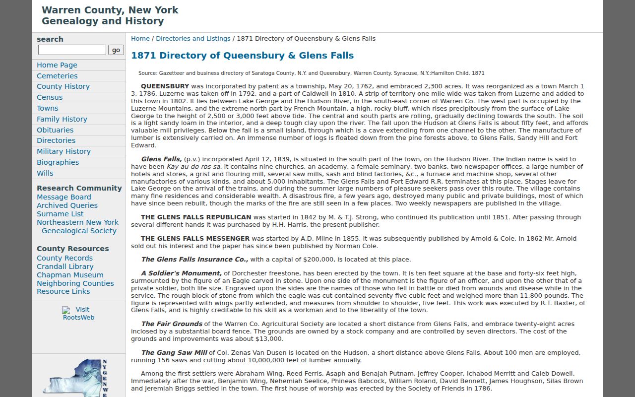 Queensbury city directory source showing the Hamilton Child 1871 directory page